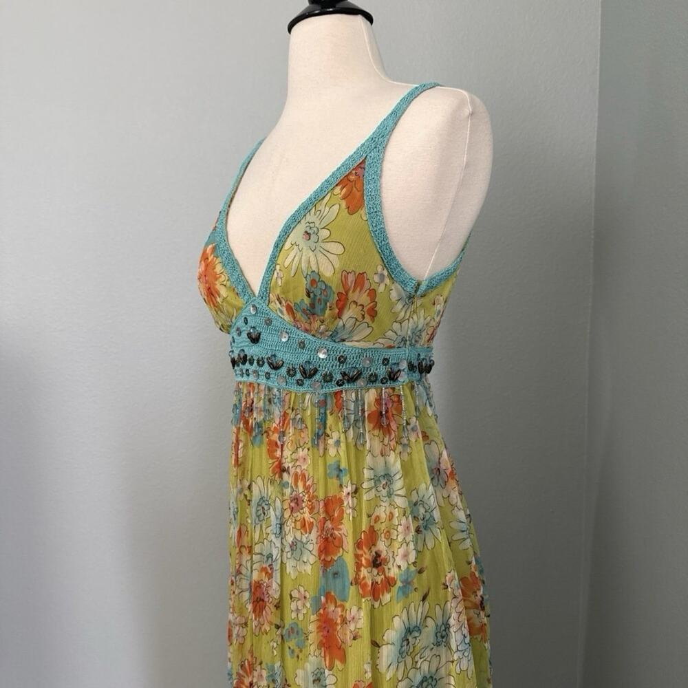 100% Silk Sue Wong Green Multicolor Beaded Floral Maxi Dress Blue Crochet - Picture 5 of 13
